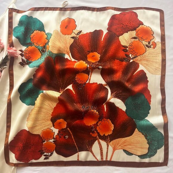 Silk Feel 03 Orange Floral Edge Satin Square Head Scarf for Women Medium 28 Inch - Picture 7 of 7